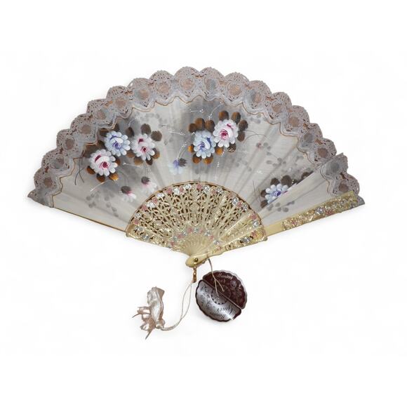 Abanicos Giner Accessories - Abanicos Giner Hand Painted Fan Flowers Lace Trim Hand Fan Vintage 60 -70's